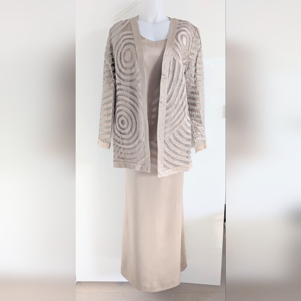 MAGALI Evening Silk 3-Piece Jacket,Top & Skirt Set; Beaded Circle Pattern; Sz 10